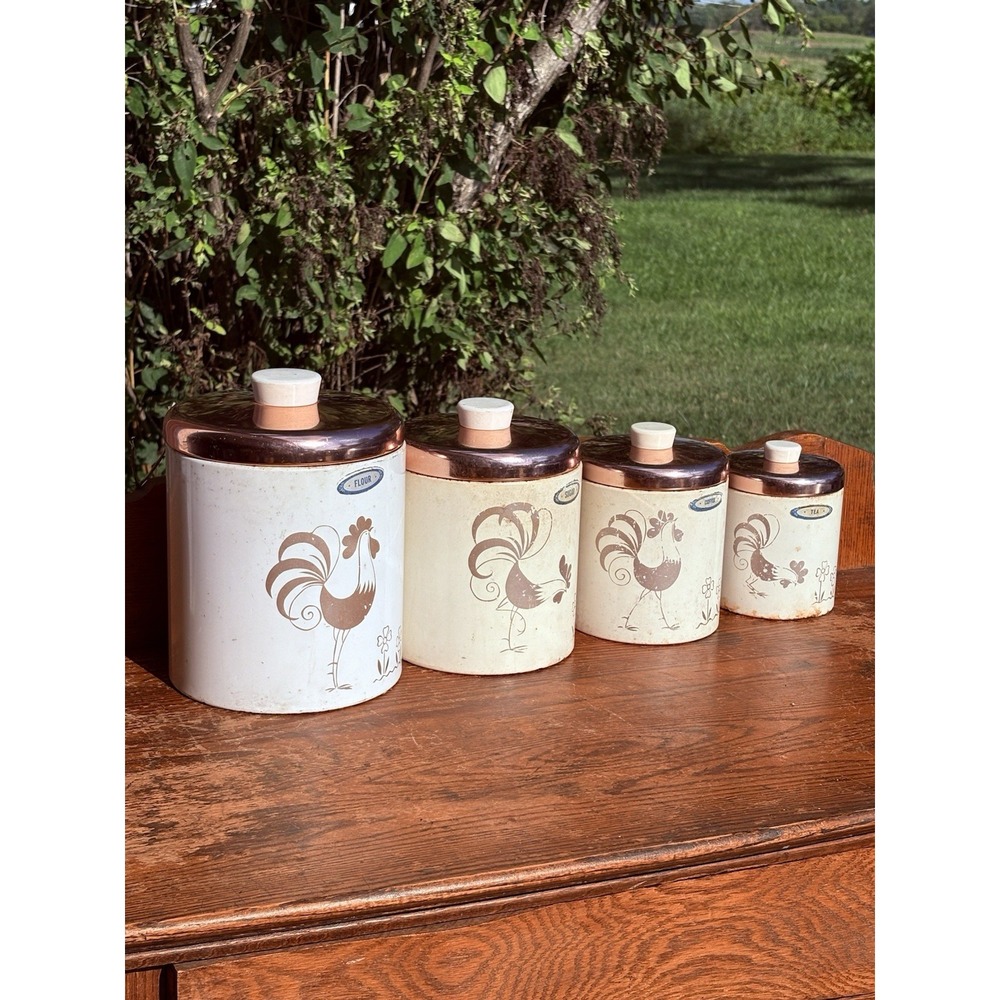 Vintage Ransburg Metal Rooster Canister Set of 4 Hand Painted
